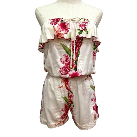 Vintage FAVANT Hawaii White & Red Tropical Floral Strapless Romper Women size S - Picture 2 of 10
